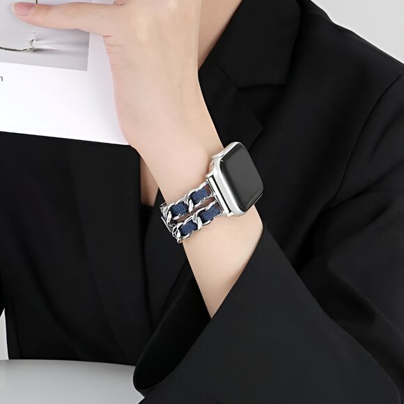 NEW Luxury Adjustable Stylish Strap Silver Stainless Chain Denim For Apple Watch - Picture 4 of 7